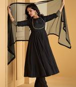 Black Embroidered Cotton Silk Free Size Stitched Anarkali Pant Suit. 