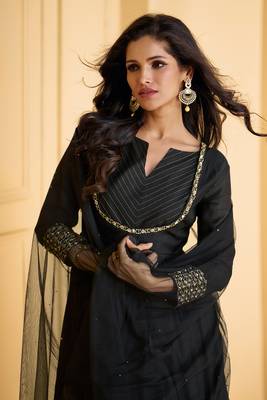 Black Embroidered Cotton Silk Free Size Stitched Anarkali Pant Suit.  2