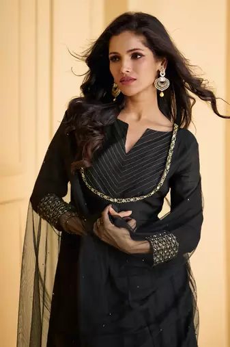 Black Embroidered Cotton Silk Free Size Stitched Anarkali Pant Suit. 