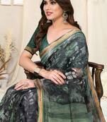 Olive Green Cotton Blend Leaf Print Copper Zari Border Saree With Unstitched Blouse Piece
