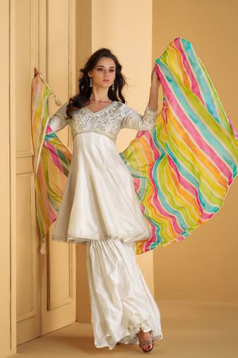 White Embroidered Silk Free Size Stitched Anarkali Sharara Suit. (Size Upto 42) Free size full stitched Up To 42" Size