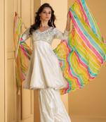 White Embroidered Silk Free Size Stitched Anarkali Sharara Suit. (Size Upto 42) Free size full stitched Up To 42" Size