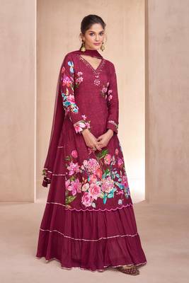 Wine Embroidered Muslin Free Size Stitched Gown Suit. (Size Upto 42) Free size full stitched Up To 42" Size 1