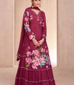Wine Embroidered Muslin Free Size Stitched Gown Suit. (Size Upto 42) Free size full stitched Up To 42" Size