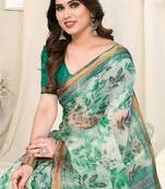 Teal Cotton Blend Leaf Print Copper Zari Border Saree With Unstitched Blouse Piece