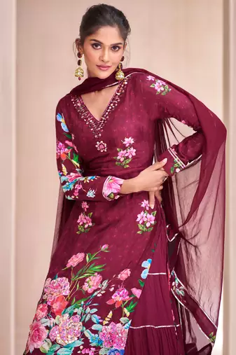 Wine Embroidered Muslin Free Size Stitched Gown Suit. (Size Upto 42) Free size full stitched Up To 42" Size