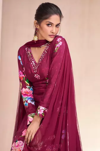 Wine Embroidered Muslin Free Size Stitched Gown Suit. (Size Upto 42) Free size full stitched Up To 42" Size