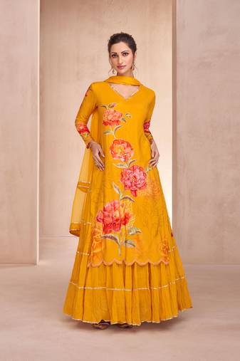 Mustard Embroidered Muslin Free Size Stitched Gown Suit. (Size Upto 42) Up To 42" Size
