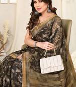 Brown Cotton Blend Leaf Print Copper Zari Border Saree With Unstitched Blouse Piece