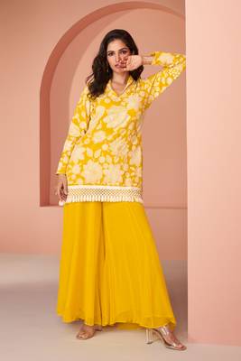 Mustard Embroidered Georgette Free Size Stitched Straight Palazzo Suit. (Size Upto 42) Up To 42" Size 1