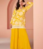 Mustard Embroidered Georgette Free Size Stitched Straight Palazzo Suit. (Size Upto 42) Up To 42" Size