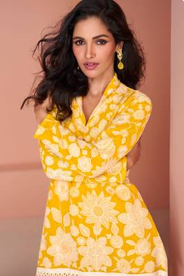 Mustard Embroidered Georgette Free Size Stitched Straight Palazzo Suit. (Size Upto 42) Up To 42" Size 2