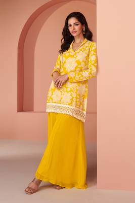 Mustard Embroidered Georgette Free Size Stitched Straight Palazzo Suit. (Size Upto 42) Up To 42" Size 3