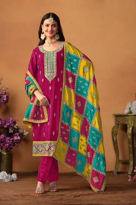 Pink Embroidered Chinnon Silk Semi Stitched Straight Pant Suit. Up To 42" Size 1