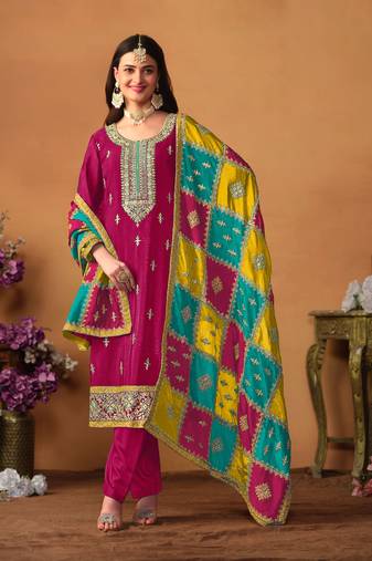 Pink Embroidered Chinnon Silk Semi Stitched Straight Pant Suit. Up To 42" Size