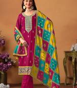 Pink Embroidered Chinnon Silk Semi Stitched Straight Pant Suit. Up To 42" Size