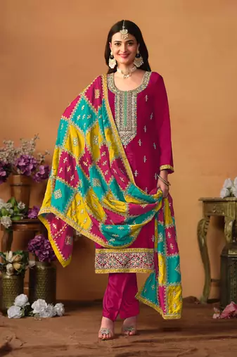 Pink Embroidered Chinnon Silk Semi Stitched Straight Pant Suit. Up To 42" Size