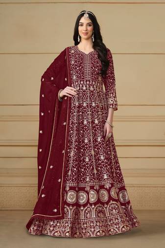 Maroon Embroidered Georgette Semi Stitched Anarkali Churidar Suit. Up To 42" Size