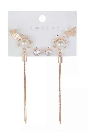 Wo  Set of 3 Rose-Gold-Plated Pear-Beaded Hoop Earrings
