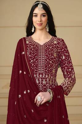Maroon Embroidered Georgette Semi Stitched Anarkali Churidar Suit. Up To 42" Size 2