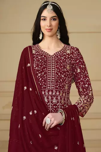 Maroon Embroidered Georgette Semi Stitched Anarkali Churidar Suit. Up To 42" Size