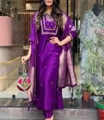 Purple viscose chanderi thread embroidery work with jacquard dupatta kurta pant set