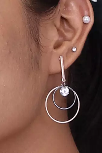 Gold Plated CZ Long Bar Circular Geometric Hoop Dangle Drop Earrings for Girls and Wo 