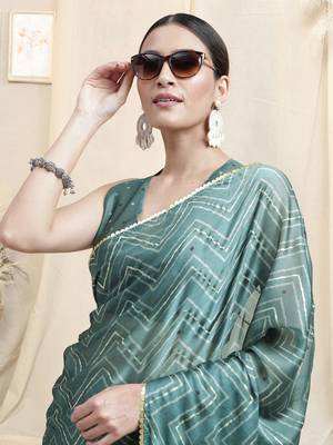 Grey Chiffon Foil Chevron Print Ethnic Motif Sequinns Border Saree With Unstitched Blouse Piece 1