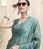Grey Chiffon Foil Chevron Print Ethnic Motif Sequinns Border Saree With Unstitched Blouse Piece