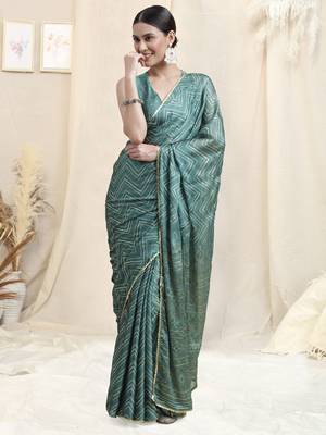 Grey Chiffon Foil Chevron Print Ethnic Motif Sequinns Border Saree With Unstitched Blouse Piece 2
