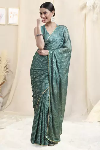 Grey Chiffon Foil Chevron Print Ethnic Motif Sequinns Border Saree With Unstitched Blouse Piece