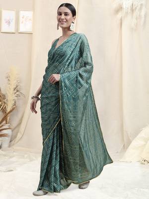 Grey Chiffon Foil Chevron Print Ethnic Motif Sequinns Border Saree With Unstitched Blouse Piece 3