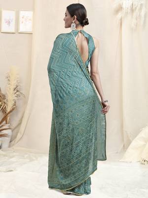 Grey Chiffon Foil Chevron Print Ethnic Motif Sequinns Border Saree With Unstitched Blouse Piece 4