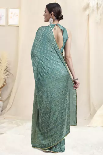 Grey Chiffon Foil Chevron Print Ethnic Motif Sequinns Border Saree With Unstitched Blouse Piece