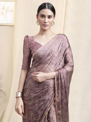 Dusty Pink Chiffon Foil Chevron Print Ethnic Motif Sequinns Border Saree With Unstitched Blouse Piece 1