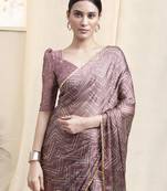 Dusty Pink Chiffon Foil Chevron Print Ethnic Motif Sequinns Border Saree With Unstitched Blouse Piece
