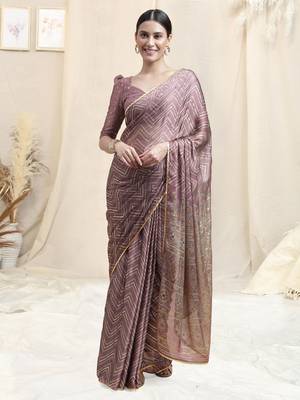 Dusty Pink Chiffon Foil Chevron Print Ethnic Motif Sequinns Border Saree With Unstitched Blouse Piece 2