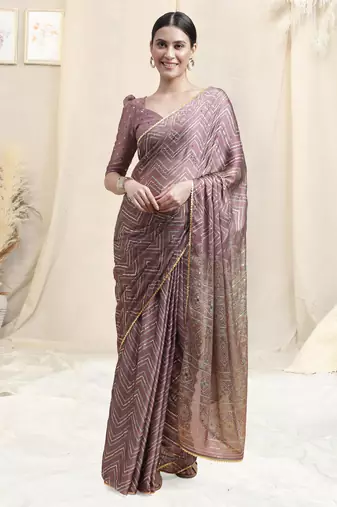 Dusty Pink Chiffon Foil Chevron Print Ethnic Motif Sequinns Border Saree With Unstitched Blouse Piece