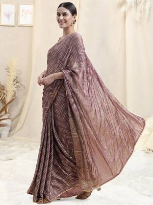 Dusty Pink Chiffon Foil Chevron Print Ethnic Motif Sequinns Border Saree With Unstitched Blouse Piece 3