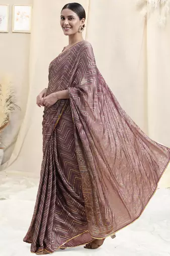 Dusty Pink Chiffon Foil Chevron Print Ethnic Motif Sequinns Border Saree With Unstitched Blouse Piece