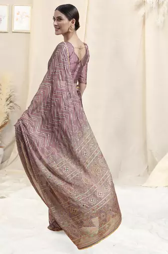 Dusty Pink Chiffon Foil Chevron Print Ethnic Motif Sequinns Border Saree With Unstitched Blouse Piece
