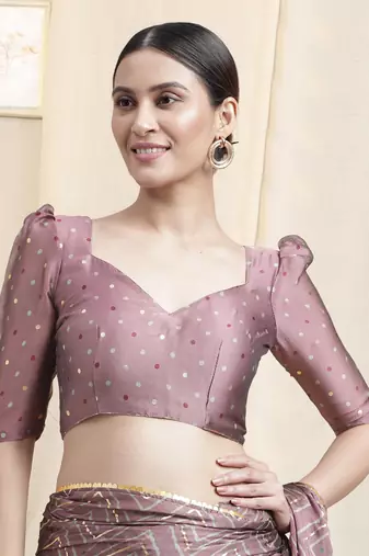 Dusty Pink Chiffon Foil Chevron Print Ethnic Motif Sequinns Border Saree With Unstitched Blouse Piece