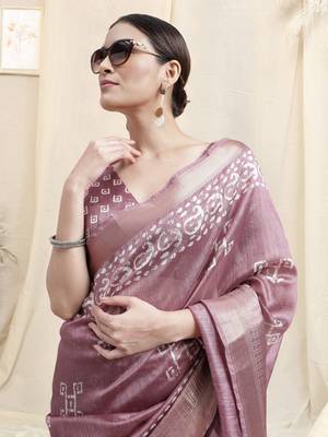 Dusty Pink Cotton Silk Batik Block Block Golden Weaving Border Saree With Unstitched Blouse Piece 1