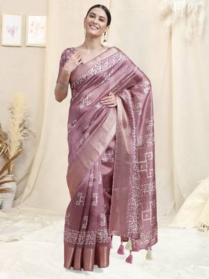 Dusty Pink Cotton Silk Batik Block Block Golden Weaving Border Saree With Unstitched Blouse Piece 2