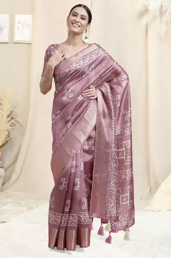 Dusty Pink Cotton Silk Batik Block Block Golden Weaving Border Saree With Unstitched Blouse Piece