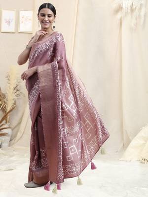 Dusty Pink Cotton Silk Batik Block Block Golden Weaving Border Saree With Unstitched Blouse Piece 3