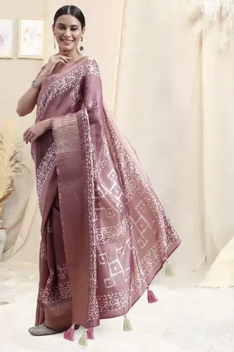 Dusty Pink Cotton Silk Batik Block Block Golden Weaving Border Saree With Unstitched Blouse Piece