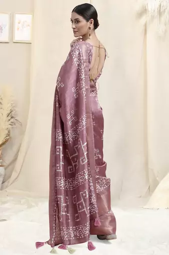 Dusty Pink Cotton Silk Batik Block Block Golden Weaving Border Saree With Unstitched Blouse Piece