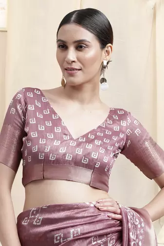 Dusty Pink Cotton Silk Batik Block Block Golden Weaving Border Saree With Unstitched Blouse Piece