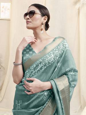 Dusty Teal Cotton Silk Batik Block Print Border Tassels Saree With Unstitched Blouse Piece 1